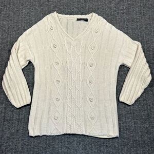 Vtg David Brett Sweater Womens L Cream 3D Cable Knit Cottagecore Grandma USA